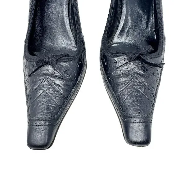 Vintage Prada Brogue Kitten Heel Pumps Black Leather Square Toe Size 39 - Picture 3 of 10